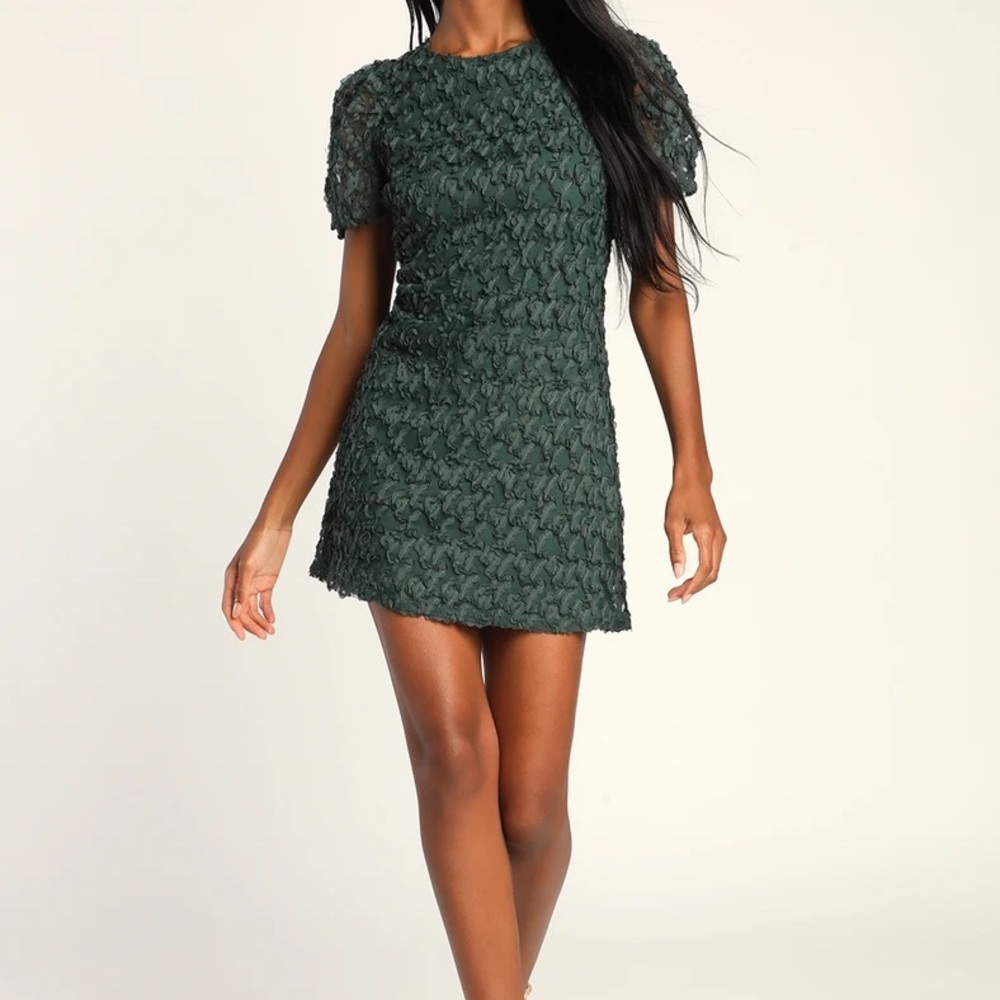💚 Lulus Dark Green Puff Sleeve Mini Dress